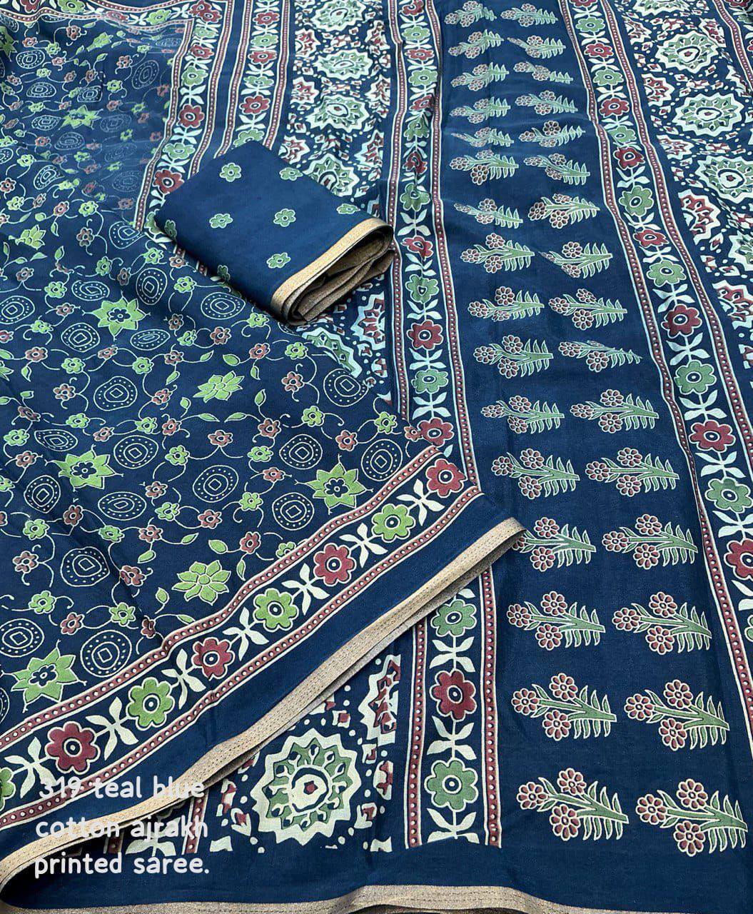 Women's Classic Zari Border and Mirror Work Ajrakh Cotton Printed Saree with Running Blouse