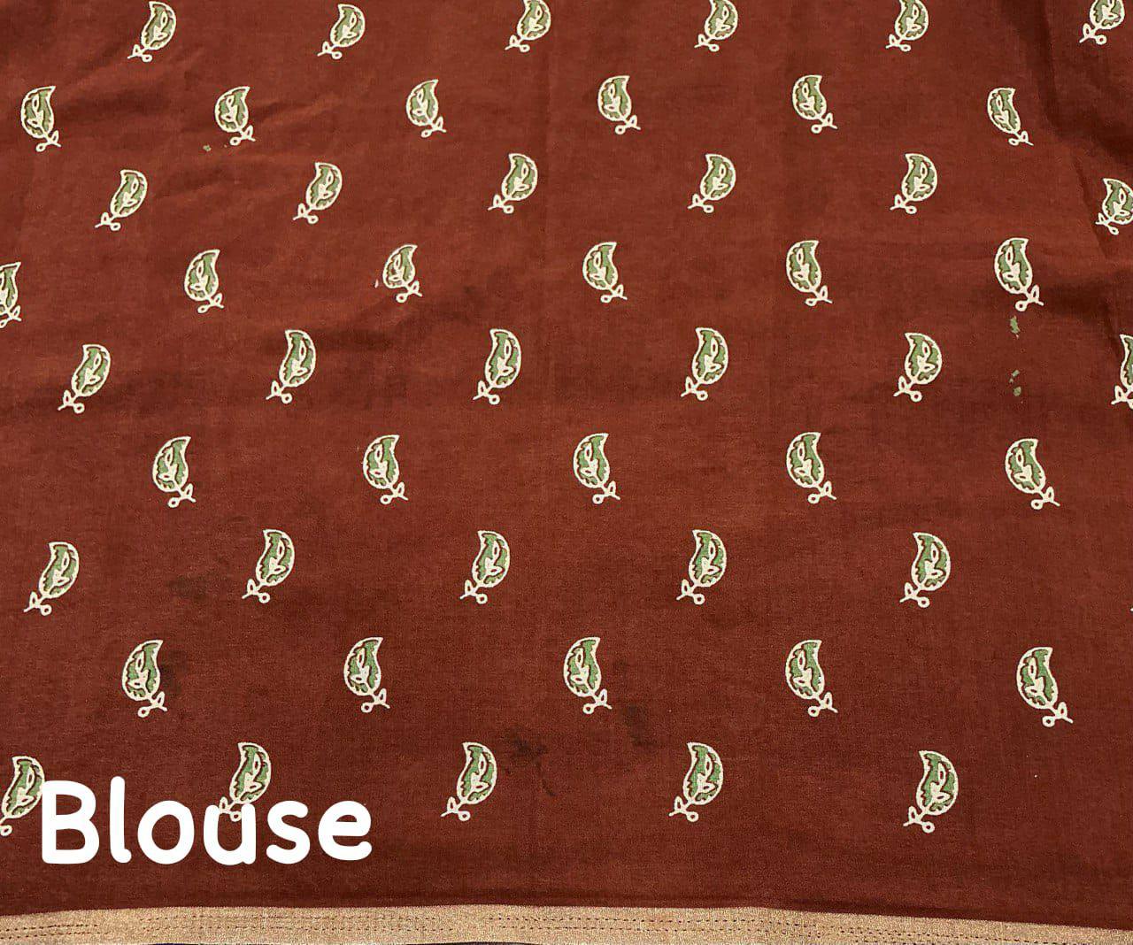 Women's Classic Zari Border and Mirror Work Ajrakh Cotton Printed Saree with Running Blouse