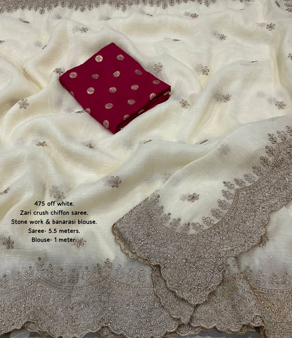 Elegant Off White Zari Embroidery Work Crunchy Crush Saree with Contrast Rani Banarasi Blouse