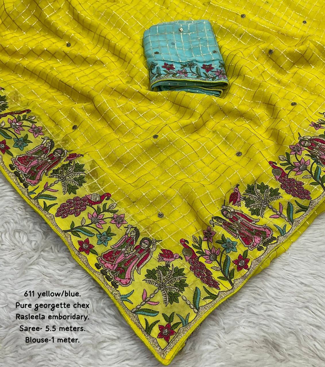 Premium Heavy Sequin Embroidery Pure Georgette Zari Woven Checkered Saree with Contrast Blouse