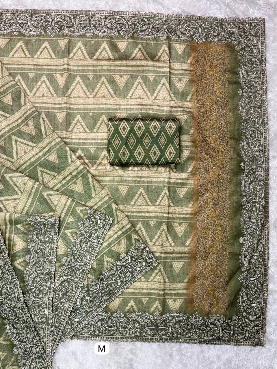 Tusser Silk Digital Print Thread Work Tusser Linen Cotton Saree With Blouse