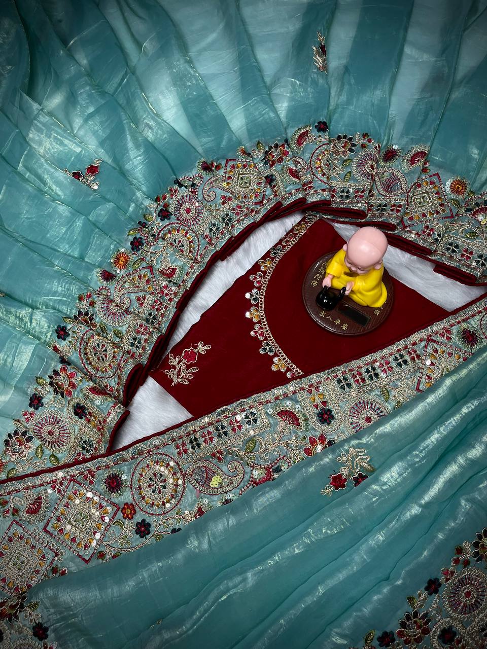 Elegant C Pallu & Cording Sequence Work Gold Crush Saree with Satin Banglory Embroidered Blouse