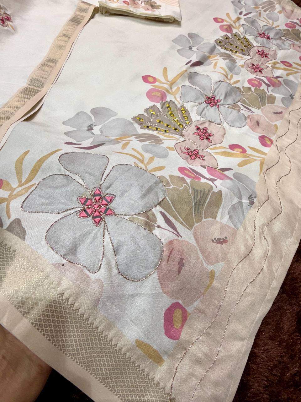 Designer Hand Mirror Work Zari Jacquard Border Tussar Cotton Printed Saree with Blouse