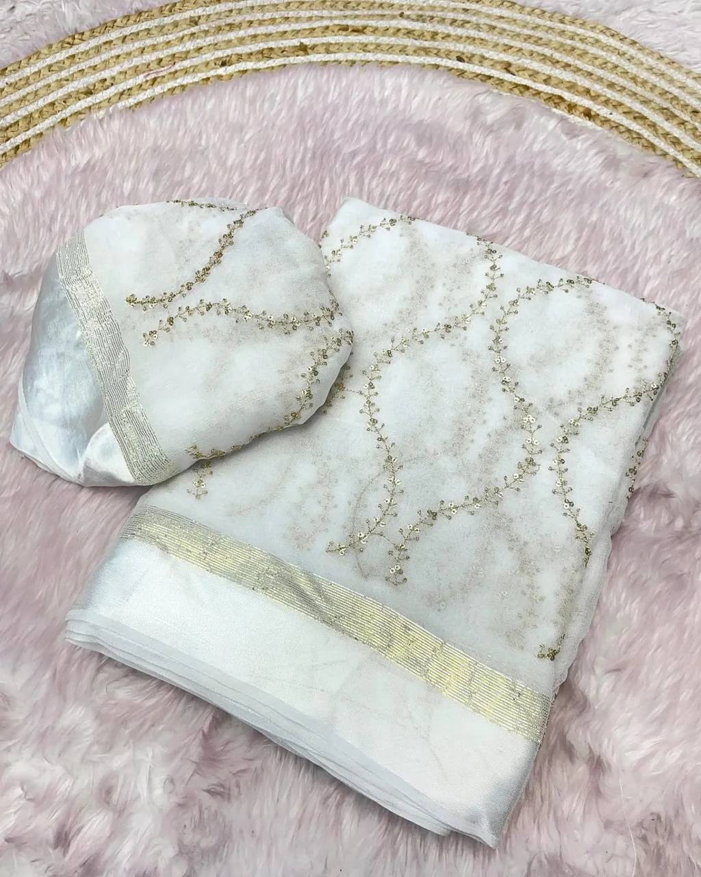 Elegant Wedding & Party Wear Pure Viscose Georgette Embroidered Satin Border Saree with Blouse