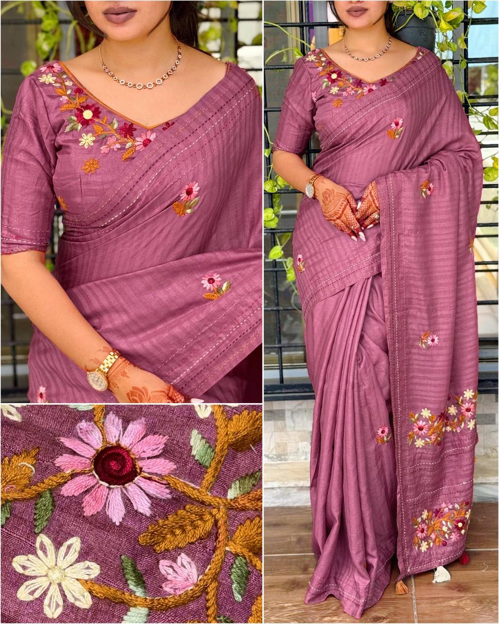 Elegant Kantha Work Border Tussar Cotton Kashmiri Embroidery Saree with Blouse