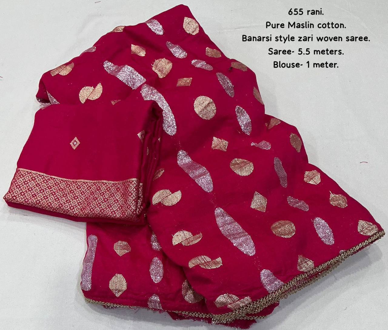 Fancy Banarasi Style Zari Woven Chanderi Muslin Cotton Saree WIth Blouse