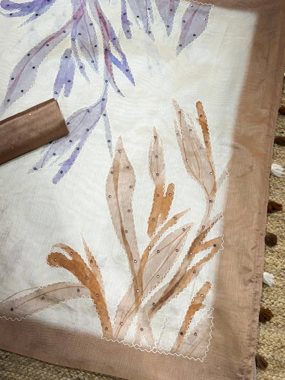 Hand Kantha & Mirror Work Tusser Linen Digital Print Saree with Blouse