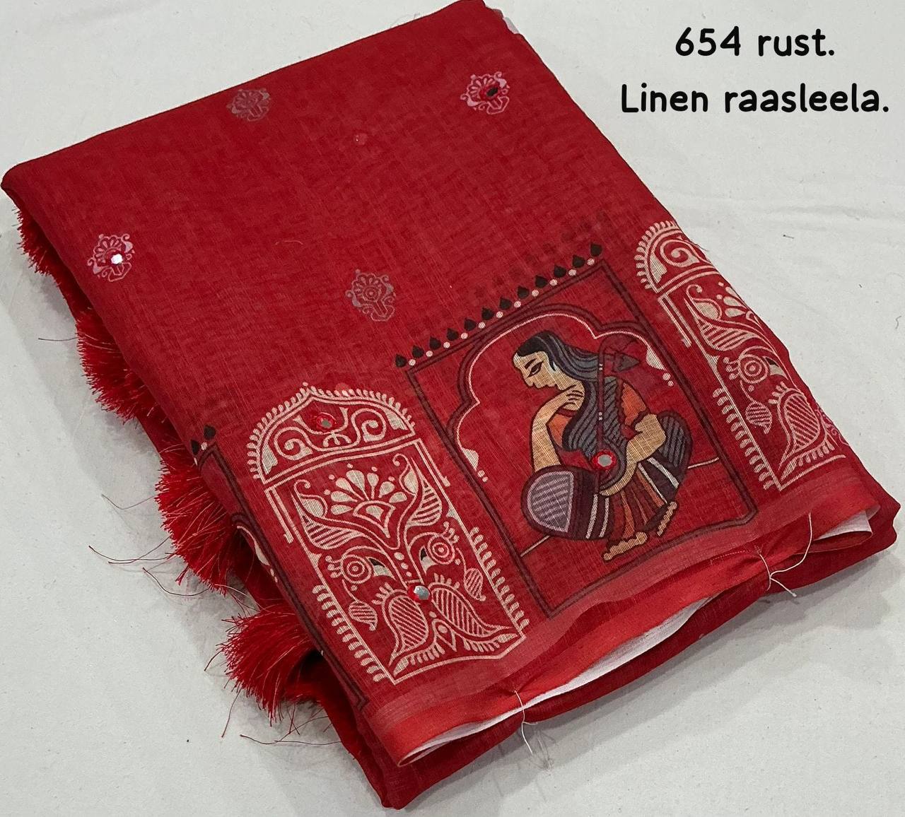 Fancy Rust Red Soft Linen Aari Mirror Work Kalamkari Printed Saree with Blouse