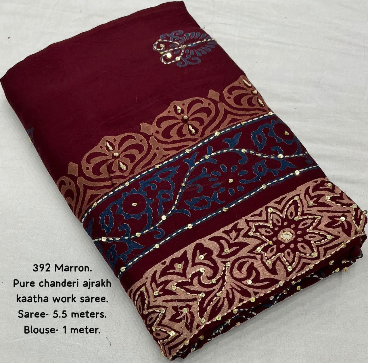 Hand Kantha Work & Sequins Outing Ajrakh Hand Block Pure Chanderi Cotton Saree With Blouse