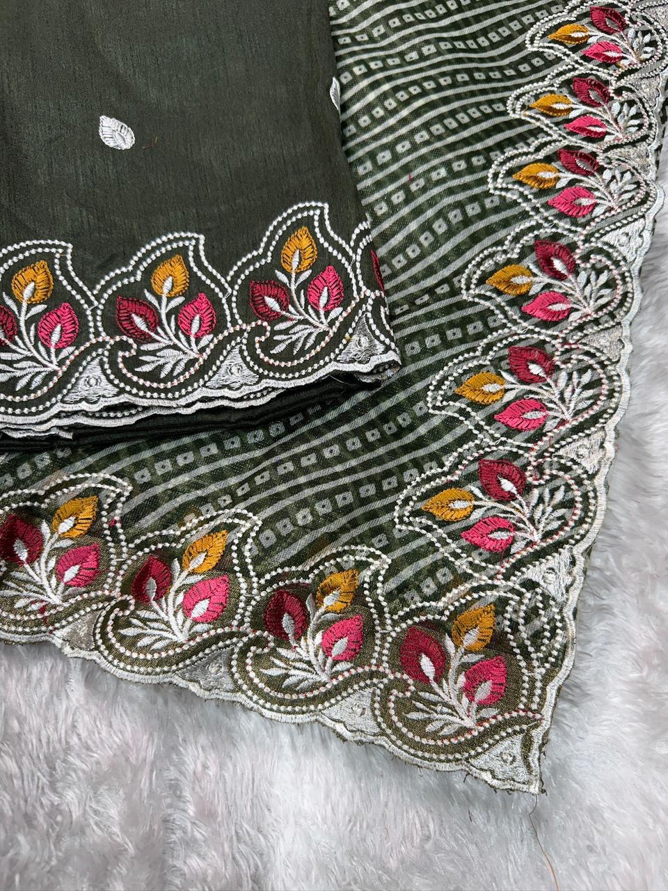 Embroidered Cotton Satin Saree with Bandhej Print & Banglori Blouse