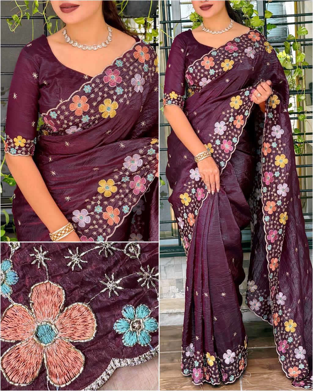 Beads Embroidered Work Sufi Silk Crush Saree with Soft Net Blouse