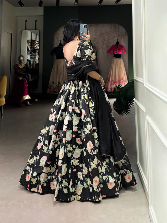 Tussar Silk Floral Print Lehenga Choli Set with Vichitra Silk Dupatta