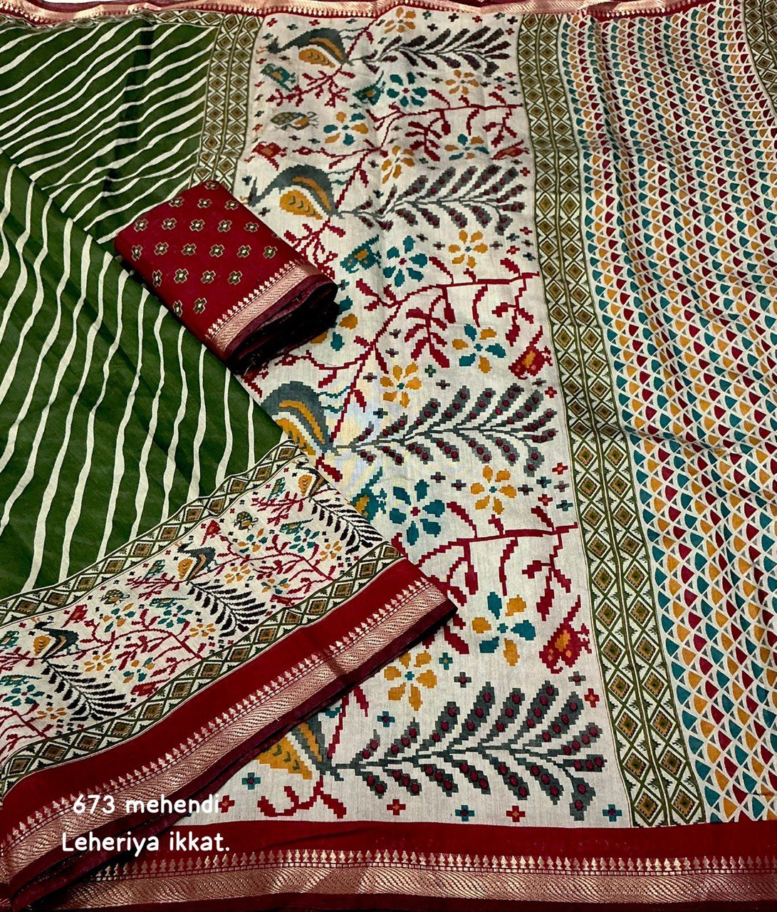 Mangalgiri Style Zari Pattu Border Cotton Leheriya Ikkat Printed Saree with Blouse