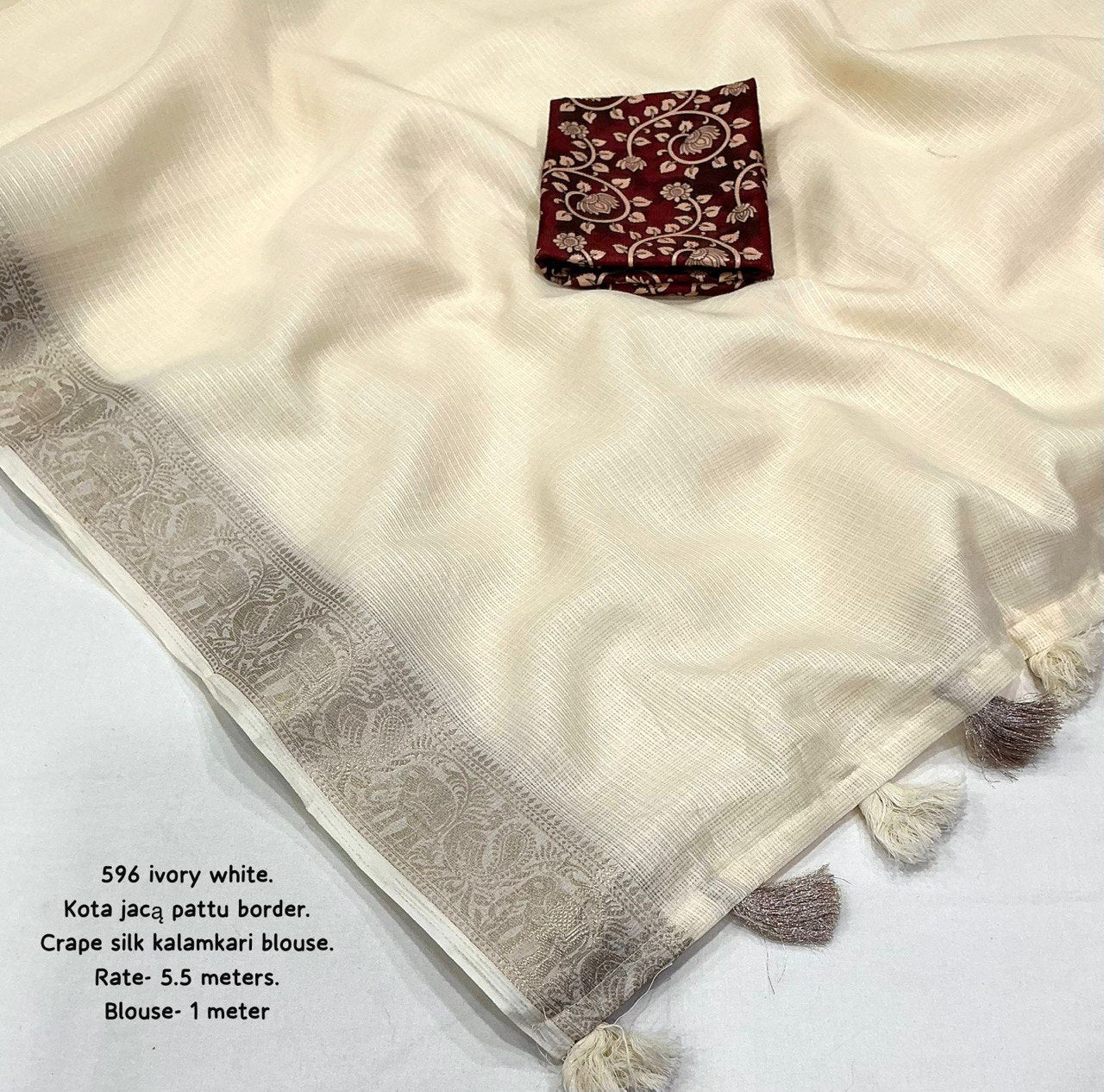 oft Kota Doria Saree with Zari Pattu Border & Kalamkari Crape Silk Blouse