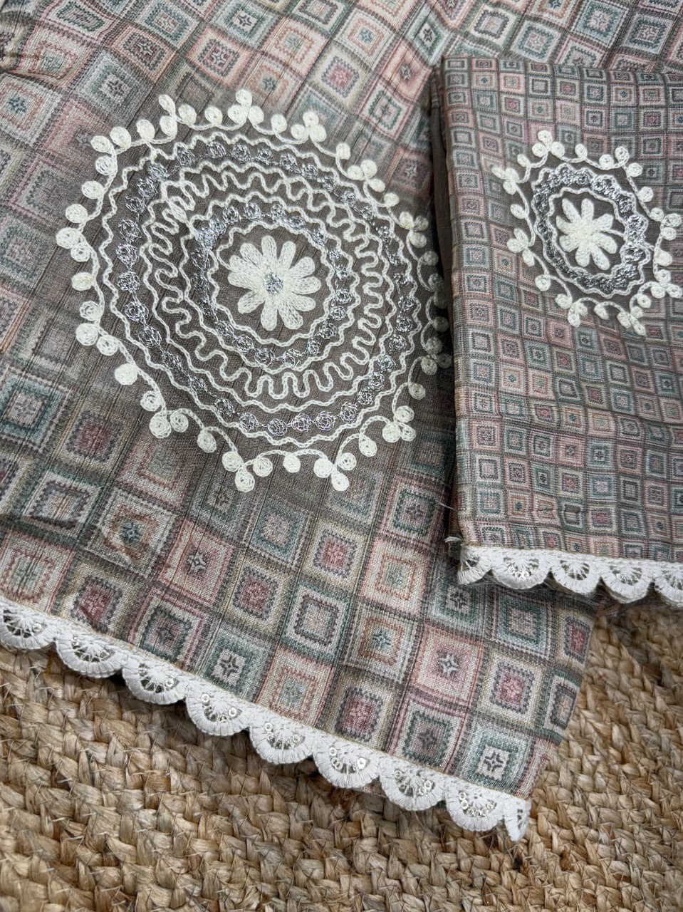 Ajrakh Digital Print & Hand Kaatha Work Elegant Tussar Cotton Saree with Blouse