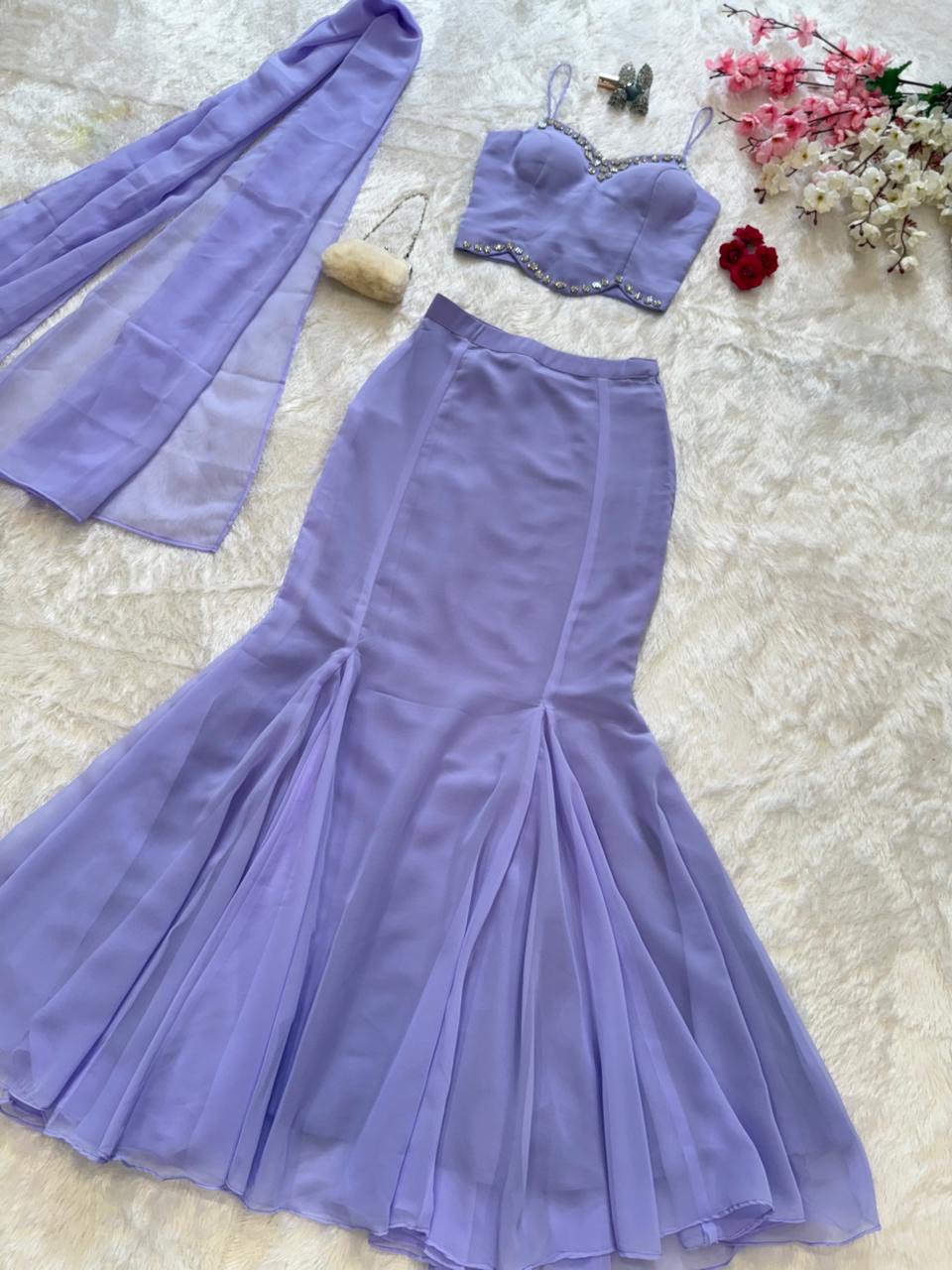Lavender Fishcut Skirt with Fancy Georgette Blouse with Dupatta