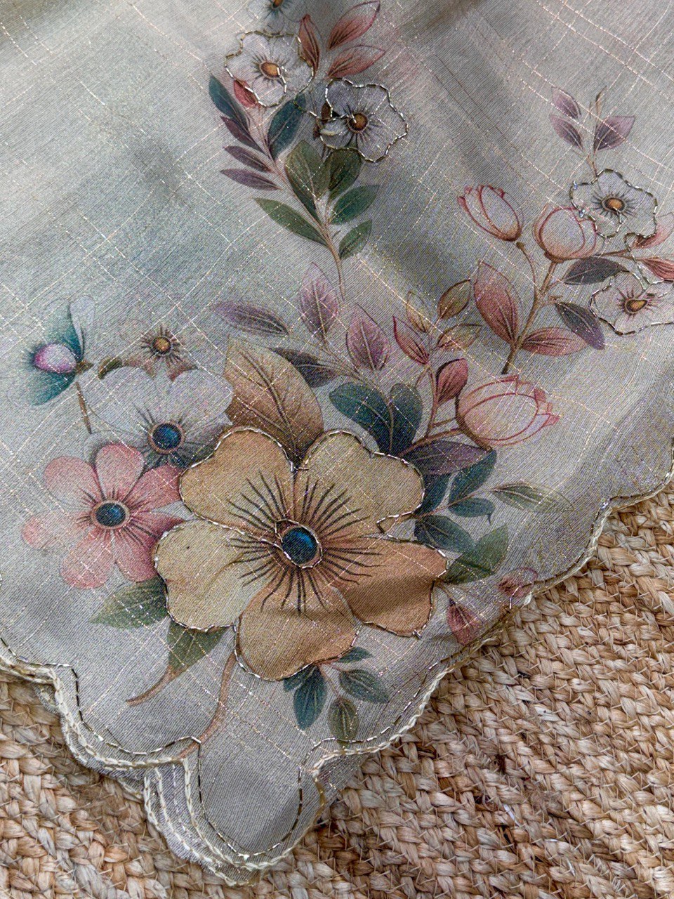 Sequins Beads & Zari Weaving Cutwork Border Metallic Tissue Cotton Saree With Blouse