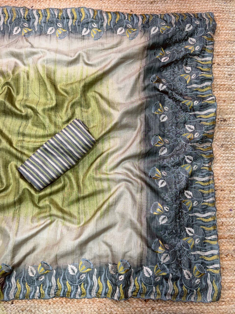 Multi-Thread Embroidery Work Tusser Silk Digital Print Saree with Tusser Blouse