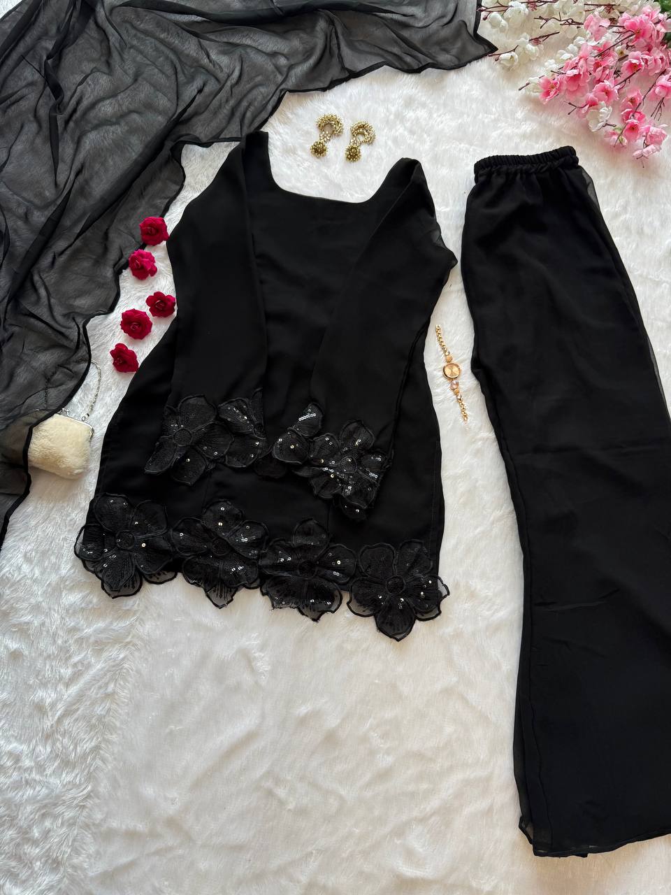 Exclusive Faux Georgette Embroidered Suit with Dupatta & Palazzo | Party Wear Designer Suit