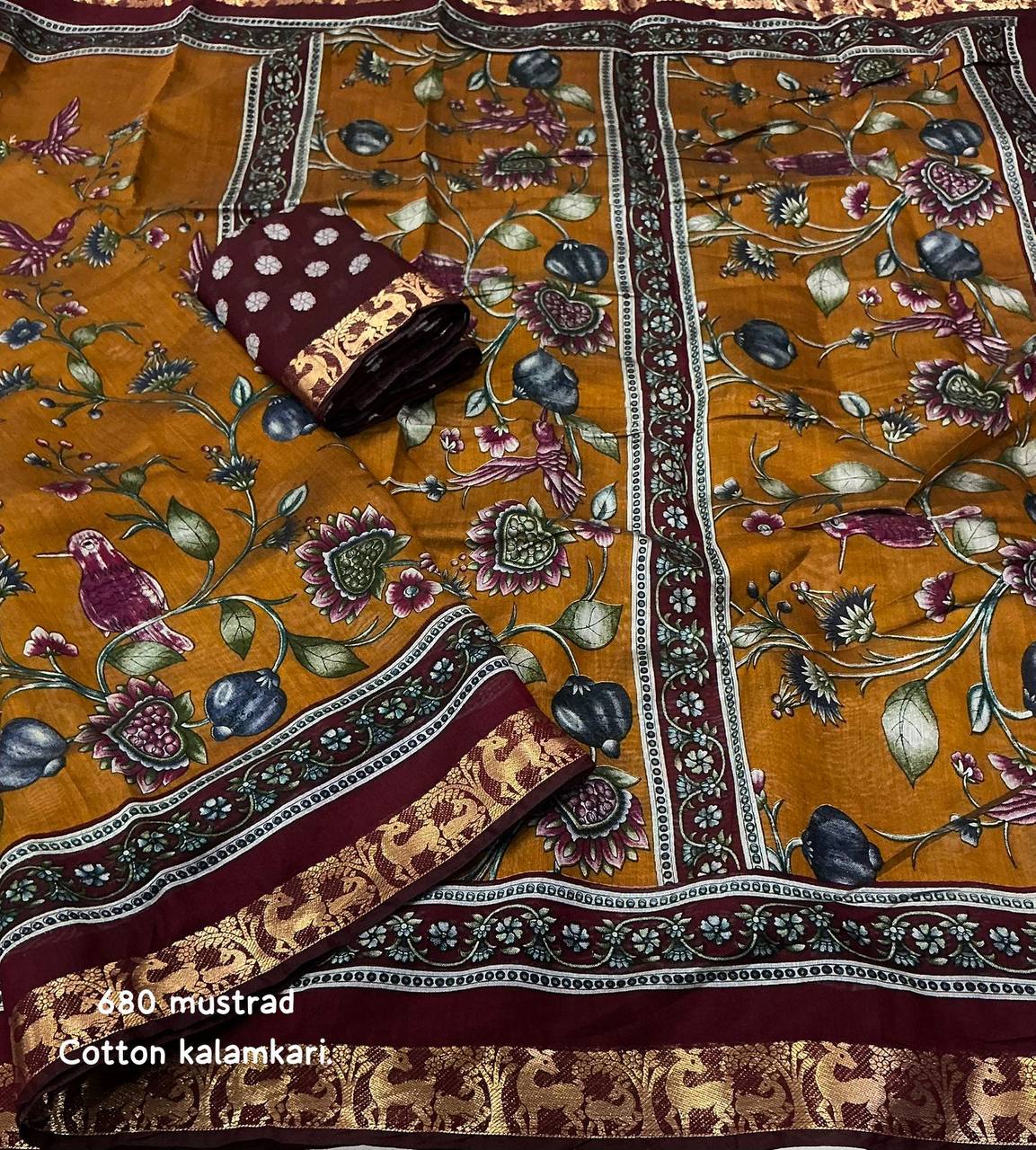 Mangalgiri Style Zari Pattu Border Cotton Kalamkari Printed Saree with Running Blouse