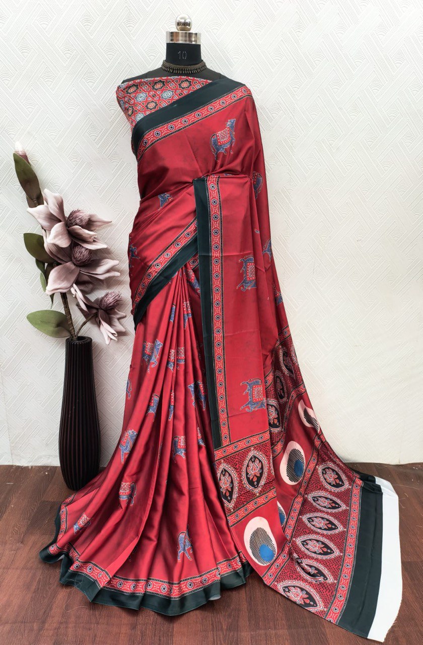 Ajrakh Polka Dot Striped Model Silk Saree with Digital Print Blouse