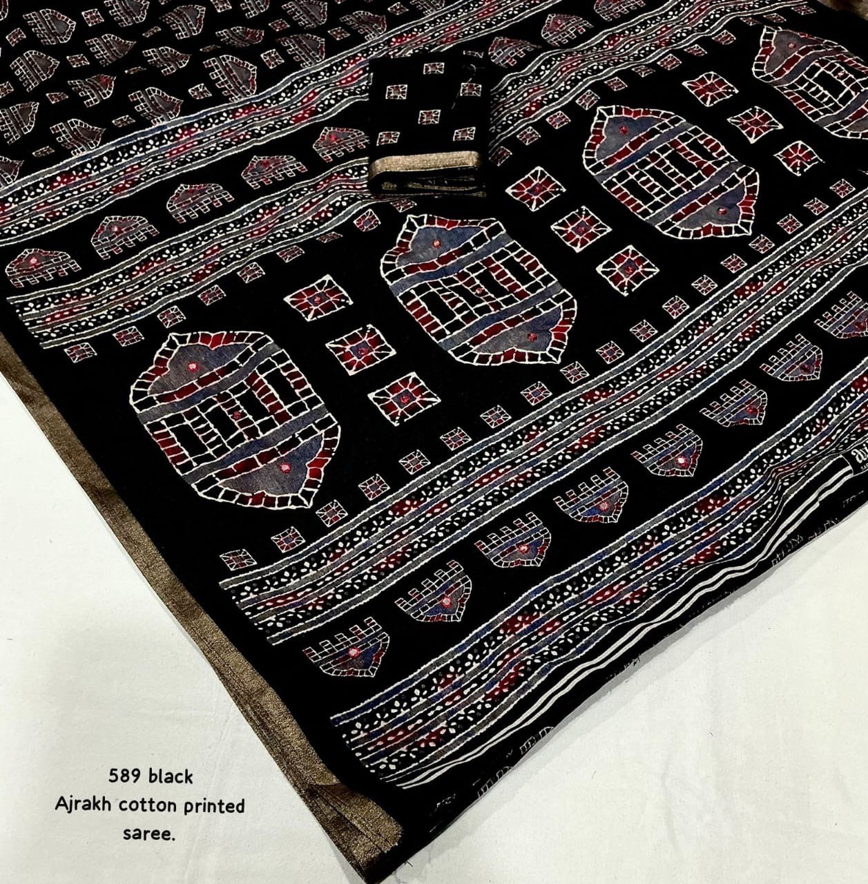 Zari Border & Aari Mirror Work Black Ajrakh Cotton Saree With Running Blouse