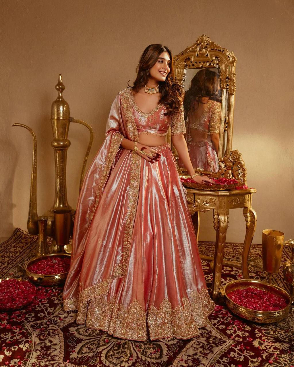 Embroidery Sequence Work Pure Soft Shimmery Gold Tissue Lehenga Choli Set | Luxury Festive Outfit for Women