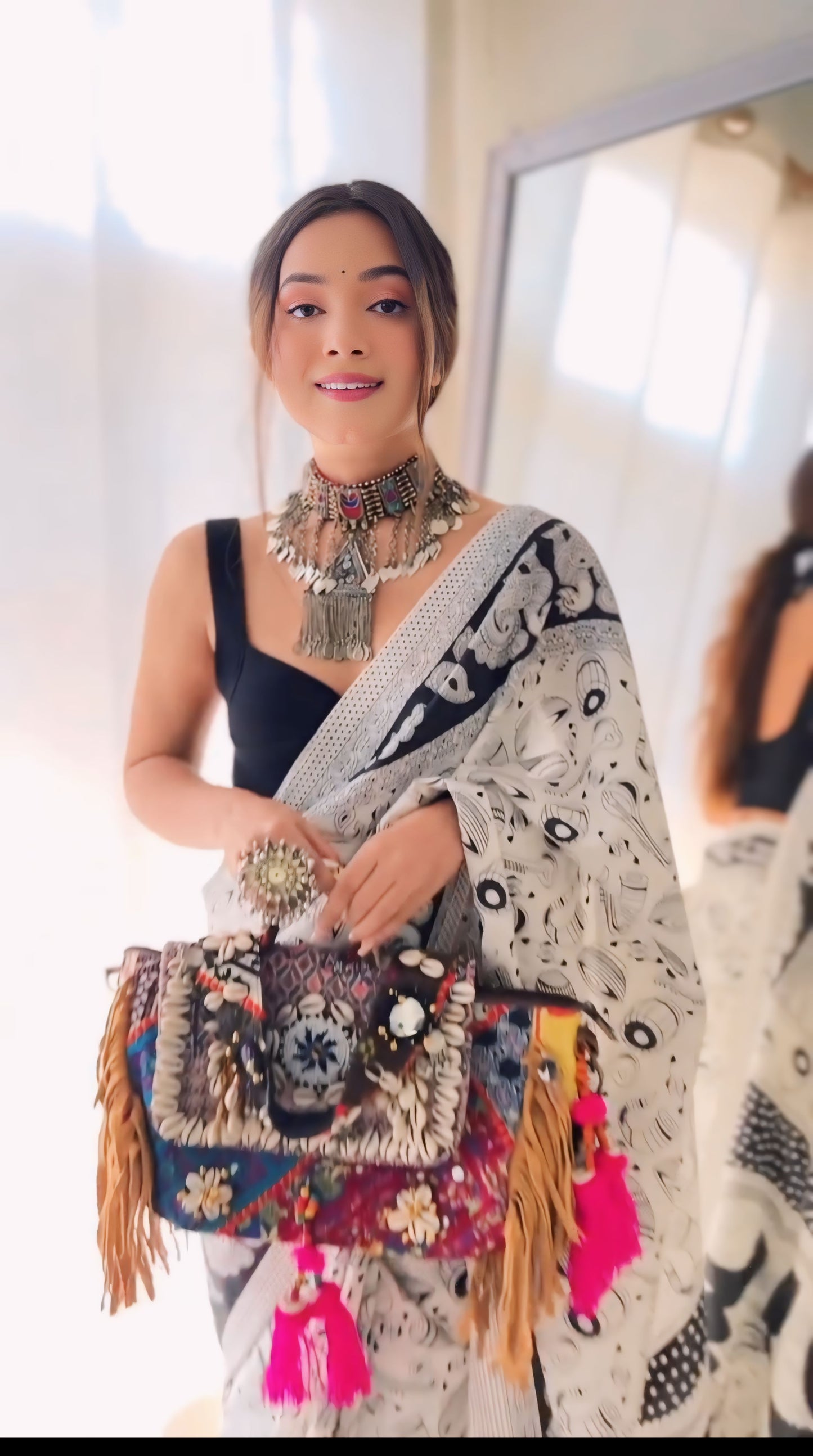 "Black & White Symphony: Ready-To-Wear Georgette Silk Saree with Music Design Border"