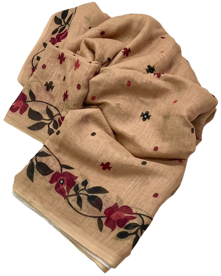 Aari Mirror Work Trendy Printed Designer Linen Saree With Running Blouse