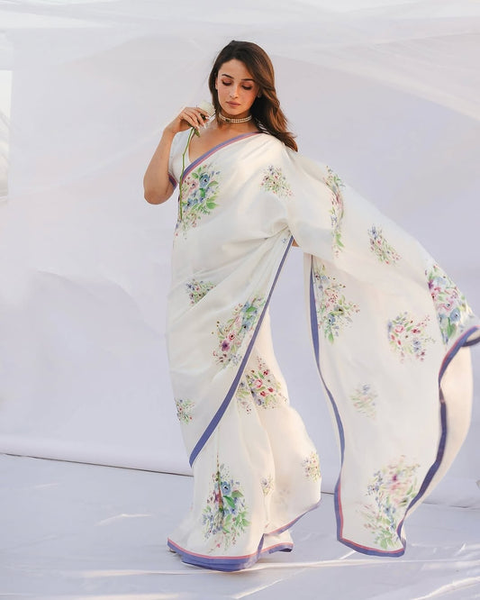 Floral Printed Japan Satin Silk Saree