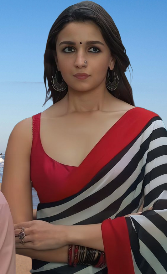 ✨ Bollywood Style Red with Black & White Striped Satin Saree ✨