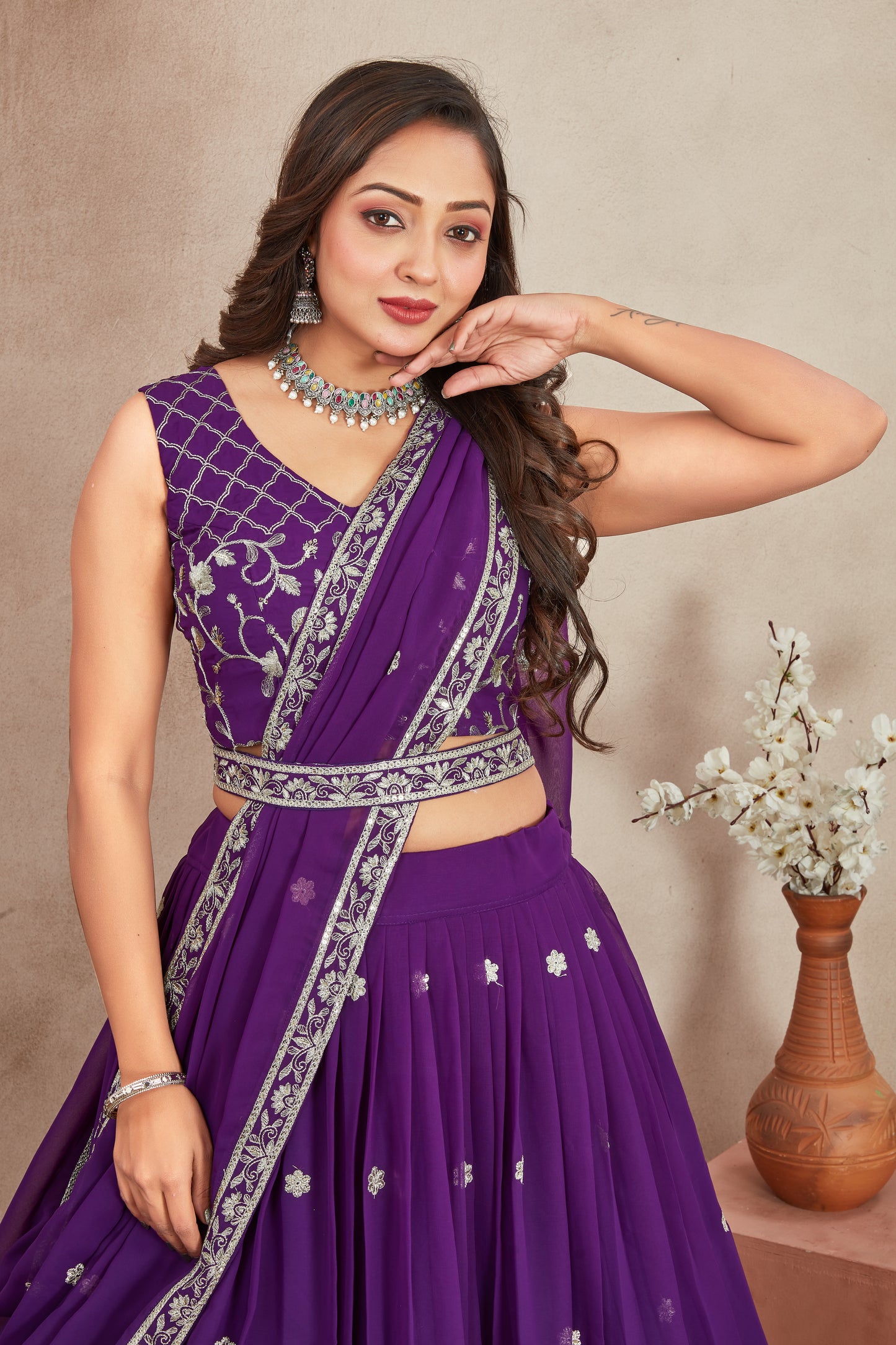 Purple Heavy Georgette Embroidered Lehenga Choli with Dupatta