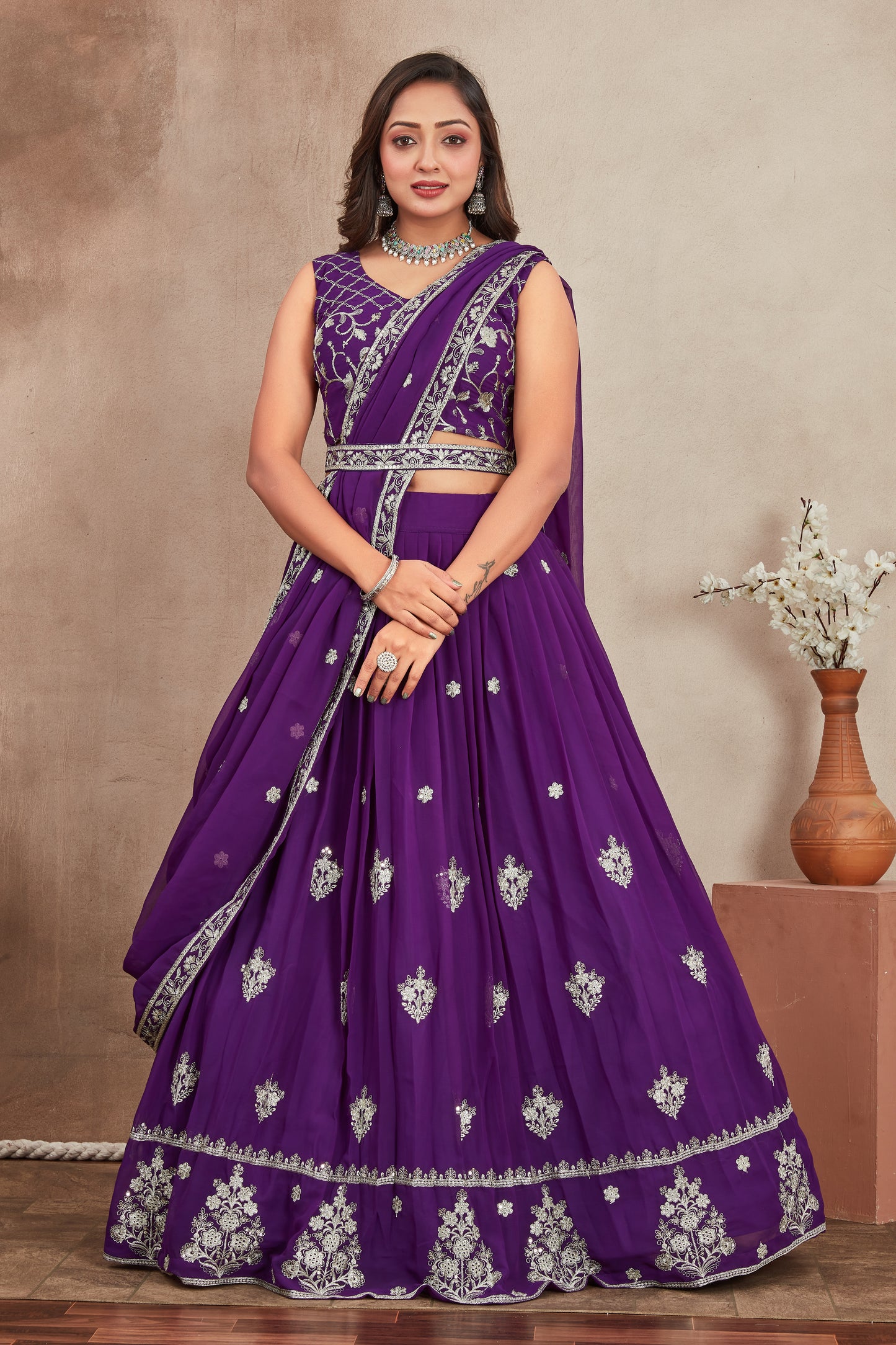 Purple Heavy Georgette Embroidered Lehenga Choli with Dupatta