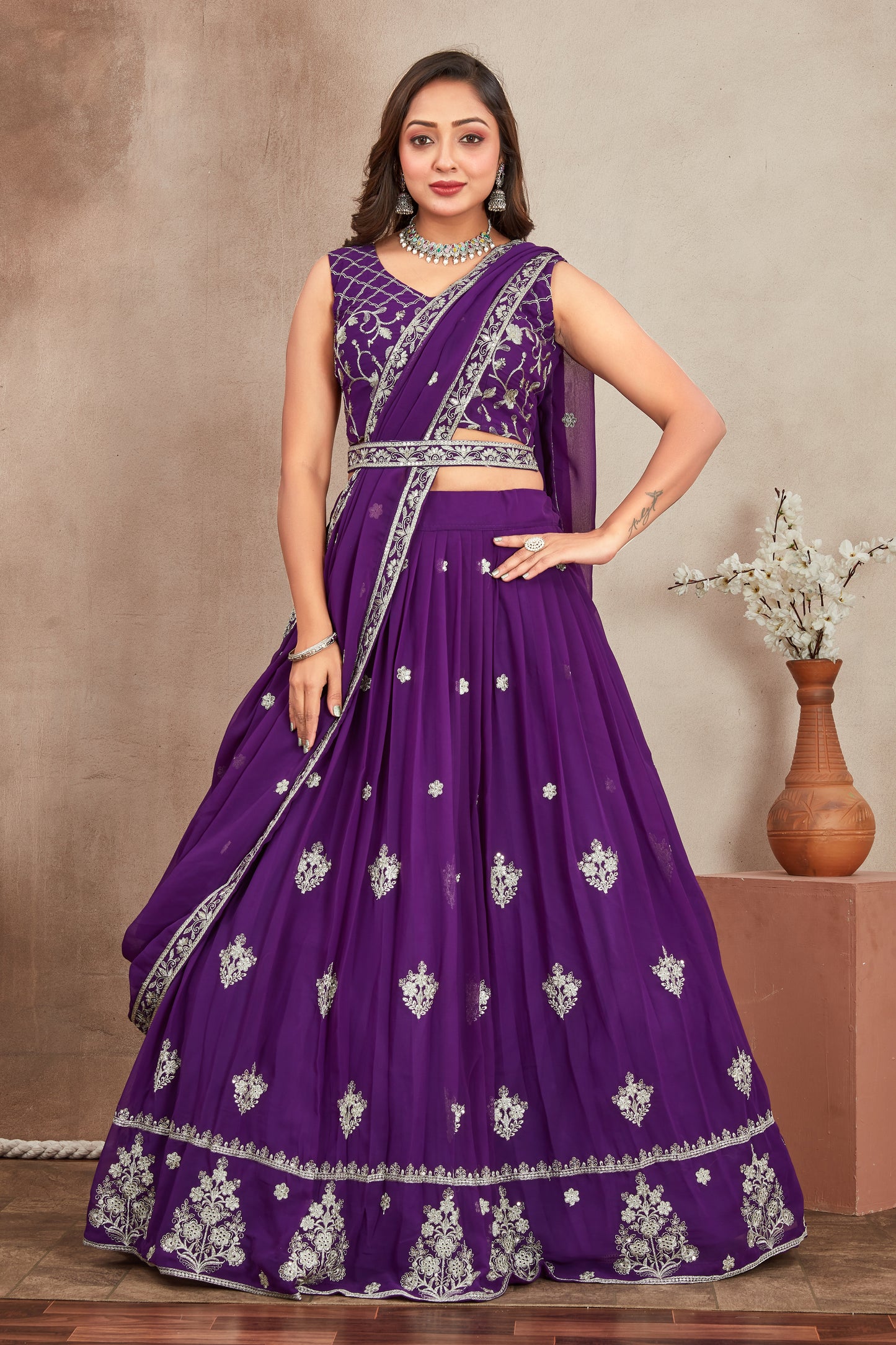 Purple Heavy Georgette Embroidered Lehenga Choli with Dupatta