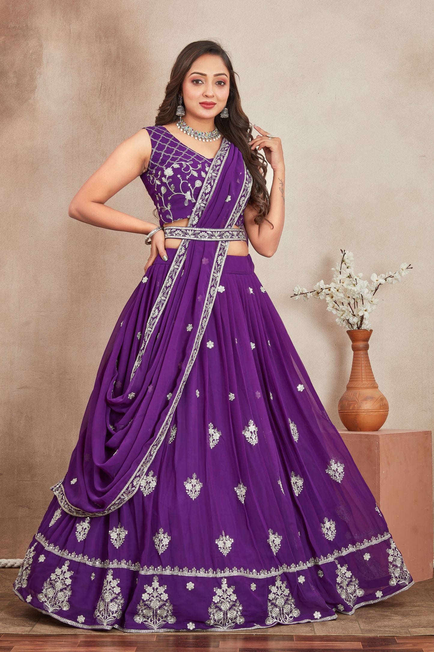 Purple Heavy Georgette Embroidered Lehenga Choli with Dupatta