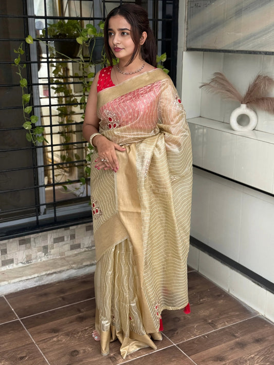 Blade Cut Work Tissue Silk Saree with Contrast Jacquard Blouse