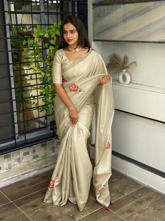 Kantha Thread Work Hand Brush Print Linen Cotton Saree With Blouse