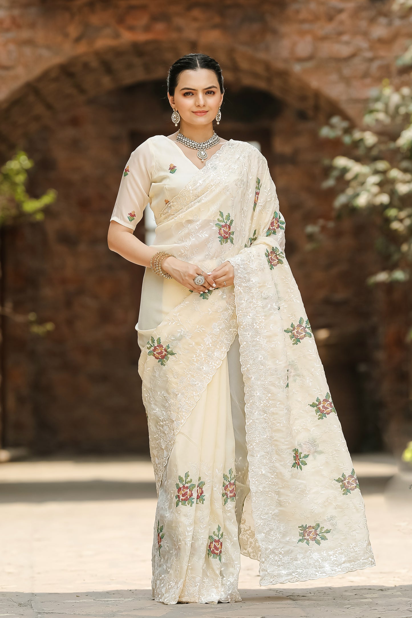 Embroidery and Cut Work Pure Shiny Zari Chiffon Saree with Blouse