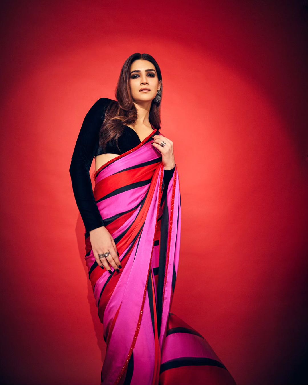 "Bollywood Bliss: Kriti Sanon Inspired Multicolour Striped Saree in Heavy Japan Satin - Digital Prints, Unstitched - Shop Now for Glamorous Elegance!"
