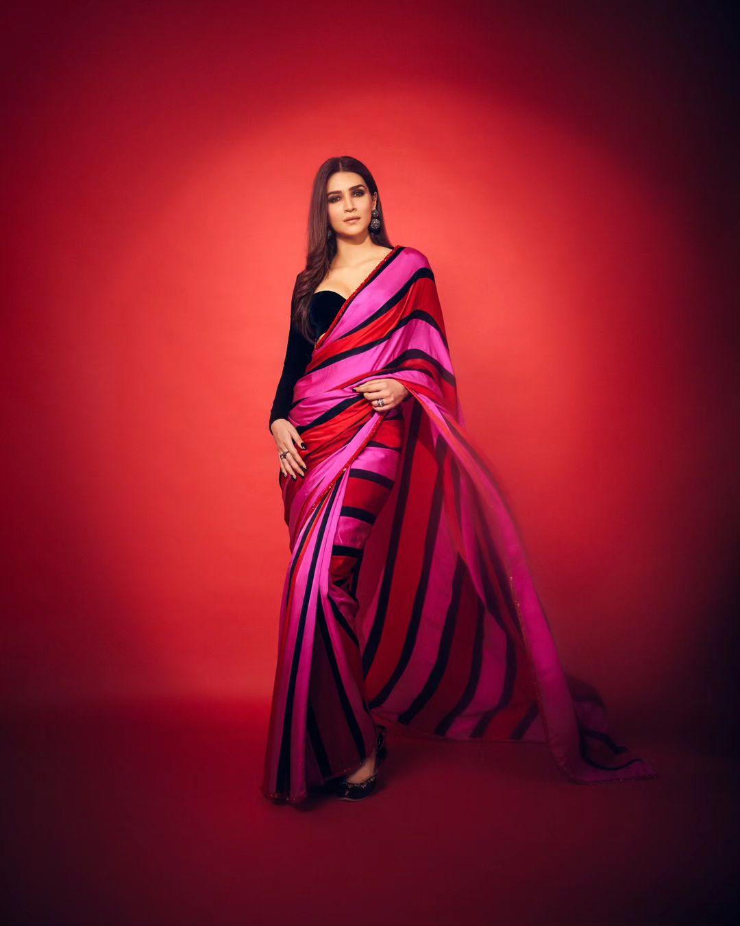 "Bollywood Bliss: Kriti Sanon Inspired Multicolour Striped Saree in Heavy Japan Satin - Digital Prints, Unstitched - Shop Now for Glamorous Elegance!"