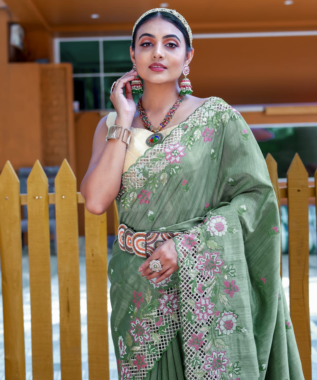 "Pure Marks Silk Elegance: Contrast Embroidery Saree with Cutwork Border & Full Work Blouse - Timeless Tradition Meets Modern Style"