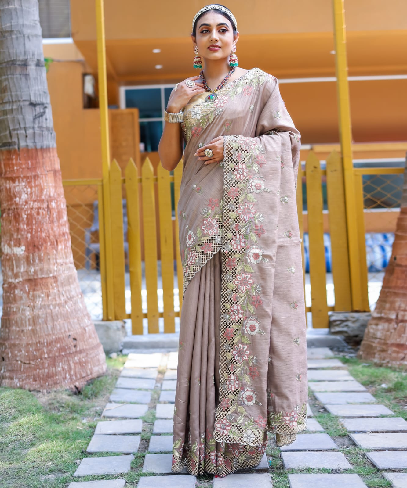 "Pure Marks Silk Elegance: Contrast Embroidery Saree with Cutwork Border & Full Work Blouse - Timeless Tradition Meets Modern Style"