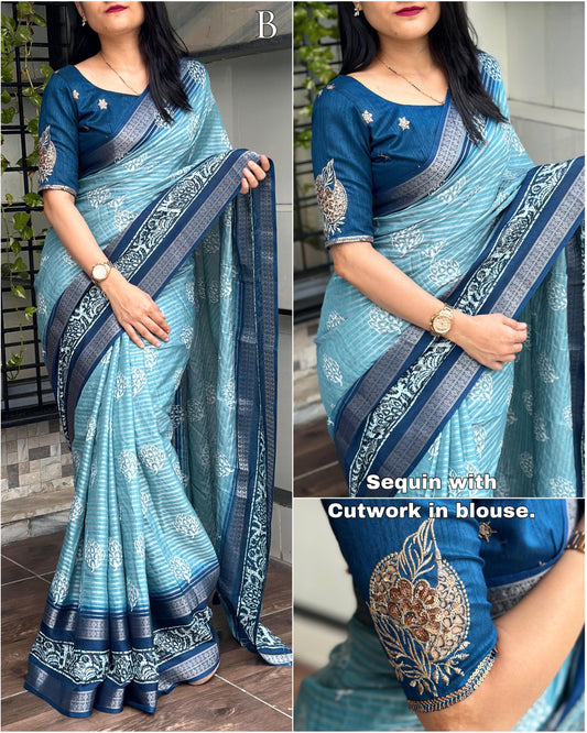 Women's Beautiful Contrast Jacquard Border Print Soft Muslin Cotton Saree With Banglori Sequins Cutwork Blouse