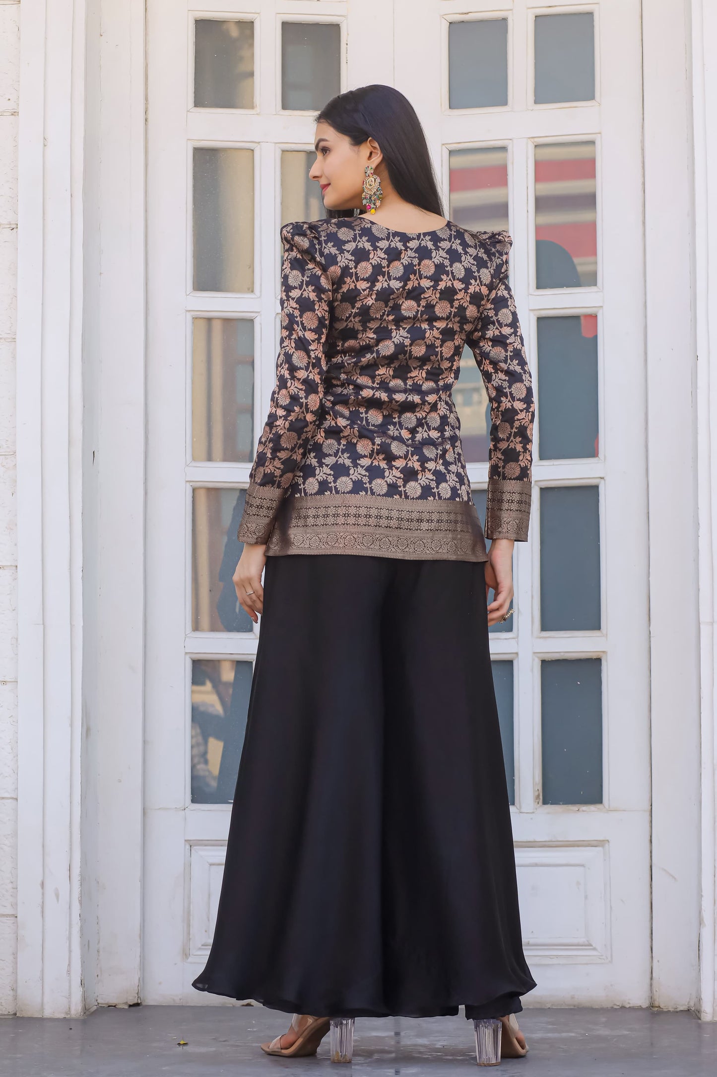 Silken Serenity: Luxe Palazzo Set with Puffed Sleeves"