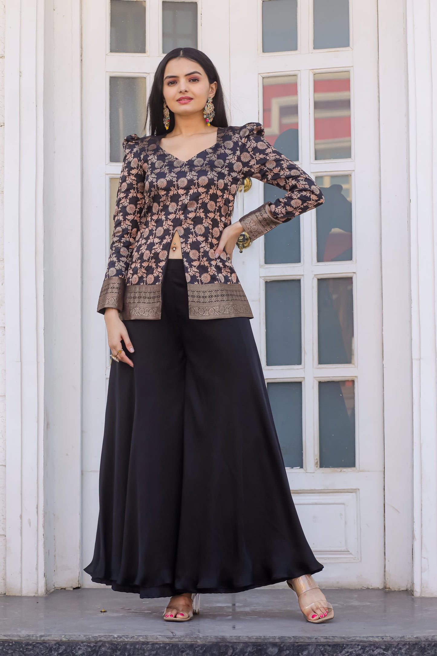 Silken Serenity: Luxe Palazzo Set with Puffed Sleeves"