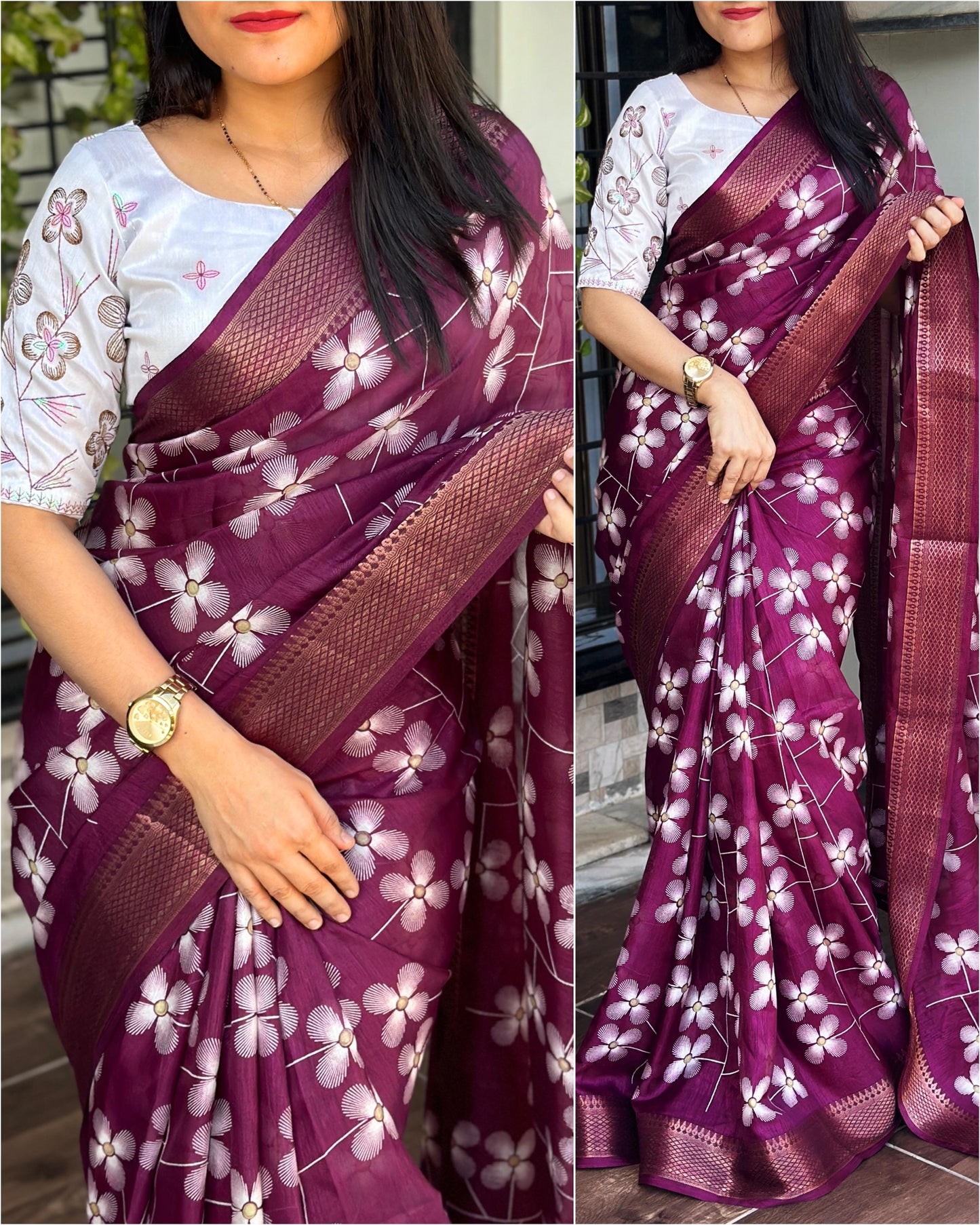 "Elegant Muslin Cotton Saree with Zari Jacquard Border & Sequined Mono Banglori Blouse"