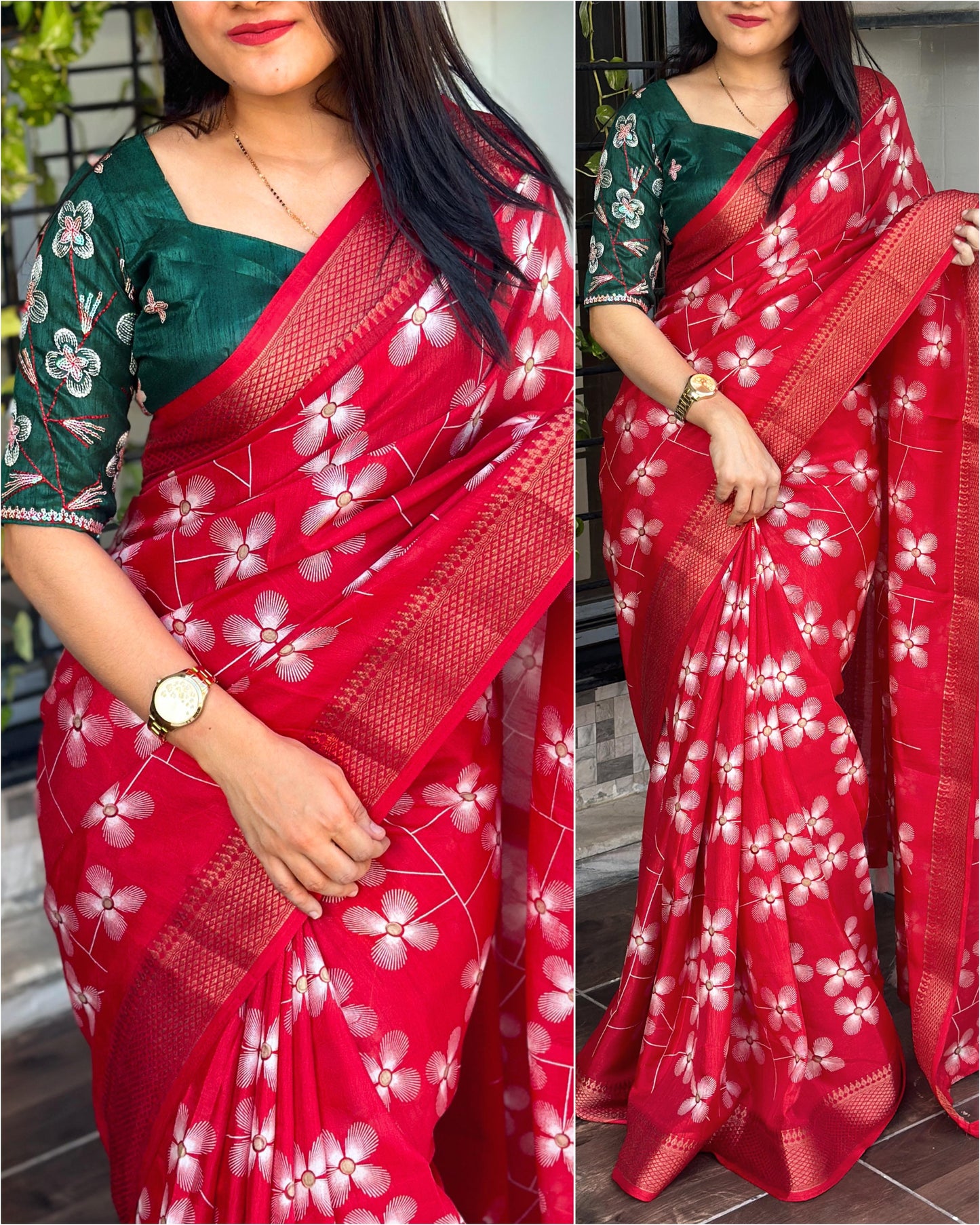 "Elegant Muslin Cotton Saree with Zari Jacquard Border & Sequined Mono Banglori Blouse"