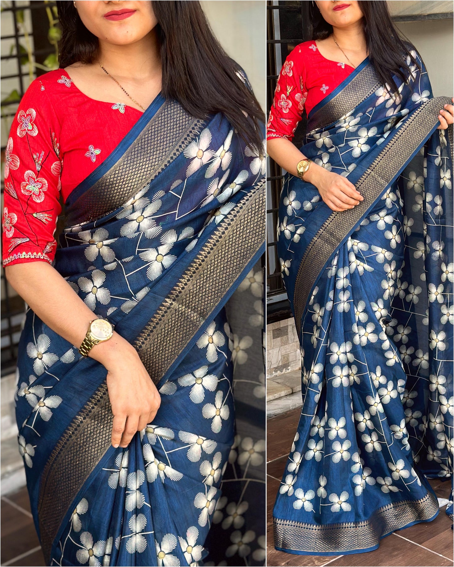 "Elegant Muslin Cotton Saree with Zari Jacquard Border & Sequined Mono Banglori Blouse"