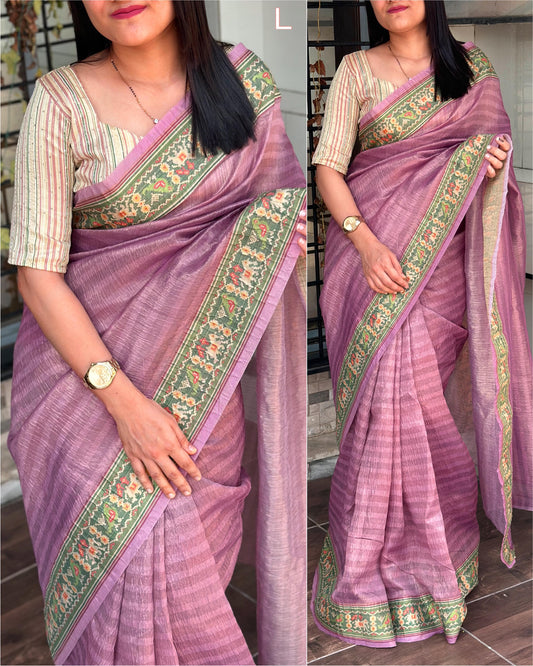 Vibrant Dusty Lurex Organza Summer Saree with Crush Effect and Minakari Jacquard Blouse