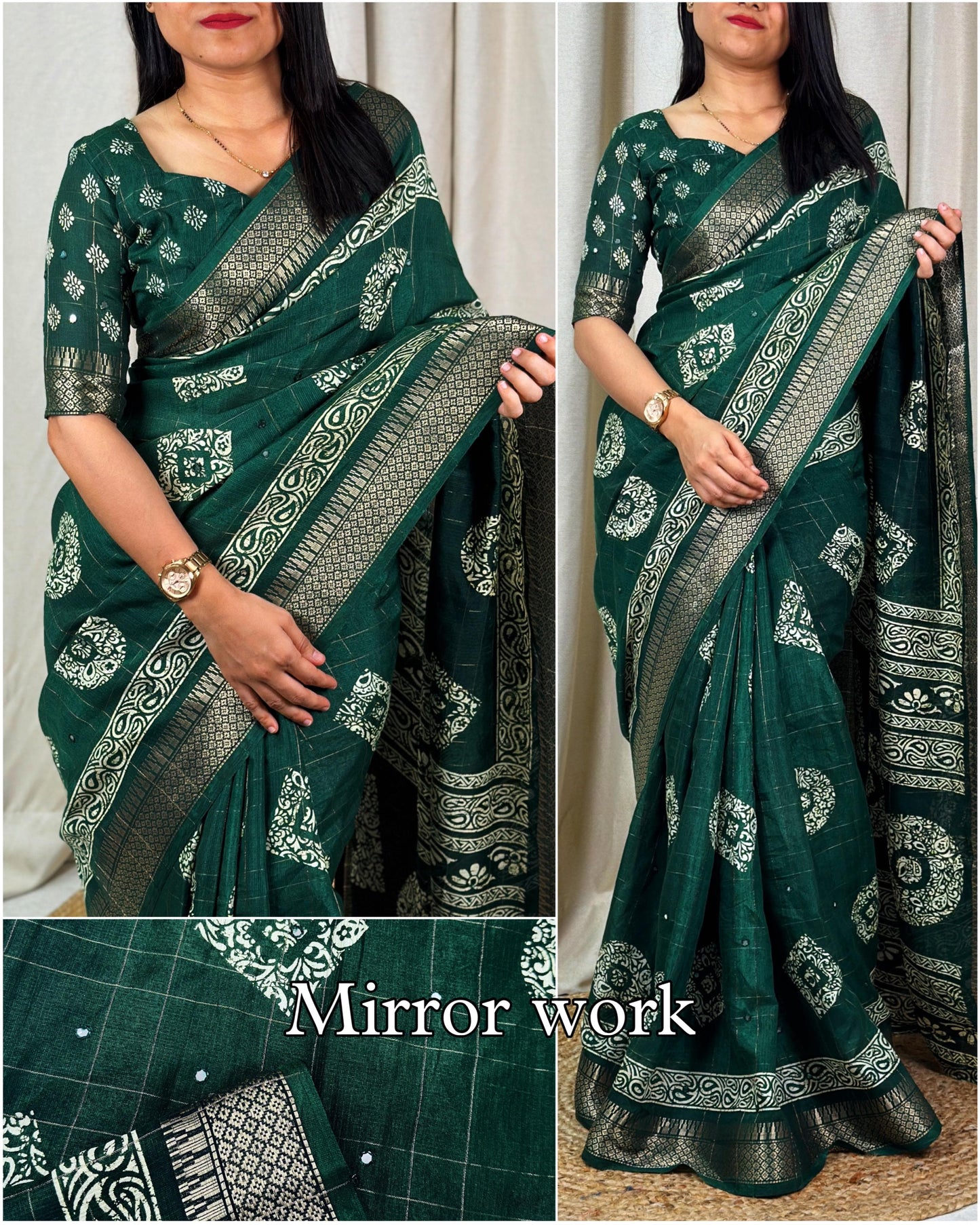 Women's Beautiful Kalamakari Printed Paper Mirror Work Muslin Cotton Saree With Blouse